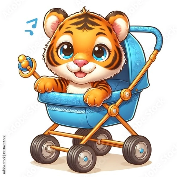 Fototapeta An adorable baby tiger with large, expressive eyes sits in a blue stroller, sucking on a pacifier. The cartoon style enhances its charm, creating a heartwarming scene.
