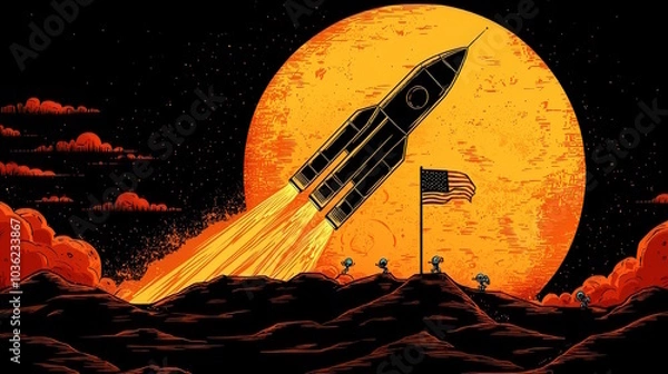 Fototapeta A whimsical rocket lands on the moon, showcasing tiny alien creatures and a proudly planted flag against a vibrant backdrop