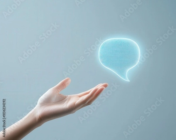 Fototapeta A hand reaching out toward a glowing digital speech bubble symbolizing communication and dialogue in a modern, abstract design. Ideal for technology and interaction themes.