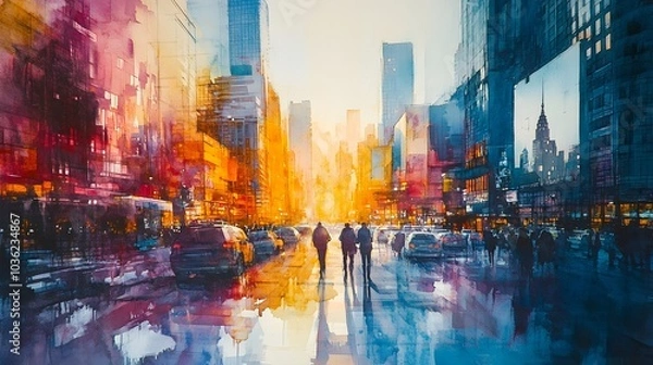 Fototapeta The golden sunlight hits sleek skyscrapers as street art flourishes below, creating a fusion of urban life and creativity in watercolor strokes