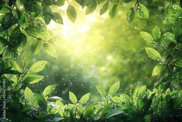 Fototapeta A sunlit forest canopy with lush green leaves glistening after a light rain in a tranquil natural setting