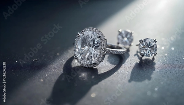 Fototapeta A striking diamond ring accompanied by stunning diamond stud earrings