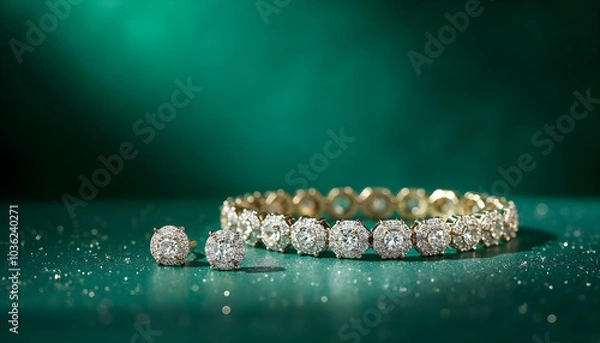 Fototapeta diamond bracelet with coordinating earrings, set against a deep emerald green background