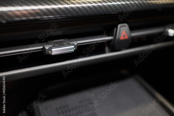 Fototapeta Closeup of car dashboard air vents near gear shift