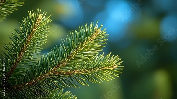 Fototapeta Close-up of a pine tree branch with green needles against a blurred background of blue sky and green foliage.