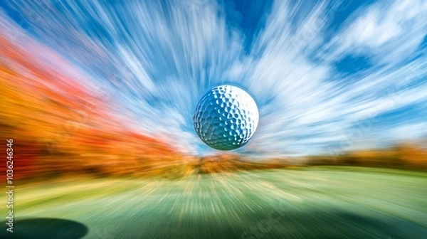 Fototapeta Double exposure of a golf ball mid-flight, merging with a vibrant fairway, pin in the distance. Blurred motion effect in the sky, vibrant greens contrast