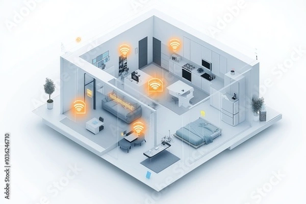 Fototapeta 3d isometric office interior with furniture, computer and internet connection concept