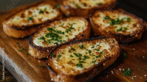 Fototapeta Delicious Toast with Cheese and Herbs on a Wooden Board