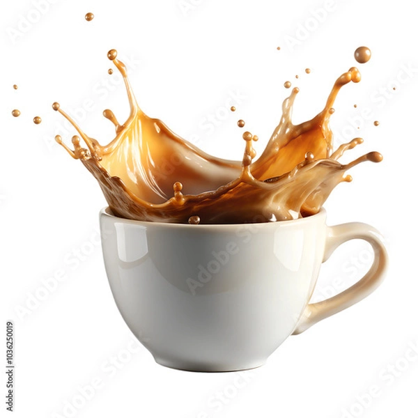 Fototapeta A white cup with splashing brown liquid, surrounded by a white background