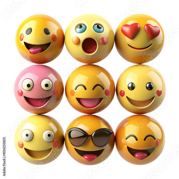 Fototapeta Emoji Planet A vibrant grid of 3D emoji icons, showcasing a spectrum of emotions from joy and love to surprise and coolness. Perfect for social media, websites, and app designs. 