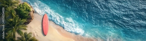 Fototapeta Top-down beach layout with a pink surfboard, small distant island, suitable for summer-themed mockups. Urban night sky for dramatic effect