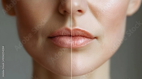Fototapeta Detailed comparison blog post, showing different wrinkle treatments around the mouth area, with side-by-side transformation photos, Digital Rendering, High-Resolution