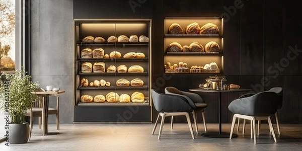 Fototapeta dark grey and gold modern bakery coffee shop with different breads in elegant display case and set of table and chair 