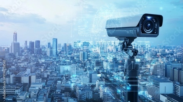 Fototapeta A futuristic AI-driven smart city surveillance system, urban setting with advanced surveillance cameras and monitoring stations, Security style