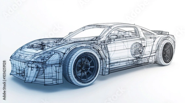 Obraz Car blueprint line draft on white background, 3D rendered illustration