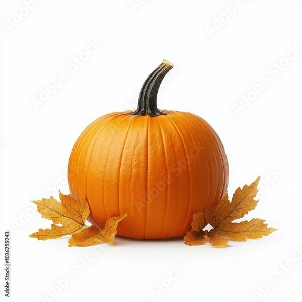 Fototapeta Vibrant pumpkin with autumn leaves on a white isolated background.