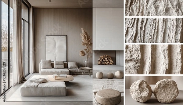 Fototapeta Mood board tailored for architects, displaying various materials, textures, and styling options, perfect for guiding design decisions and aesthetic choices