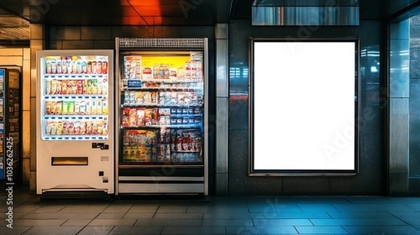 Fototapeta A blank white poster sign displayed next to a modern vending machine in a public area.