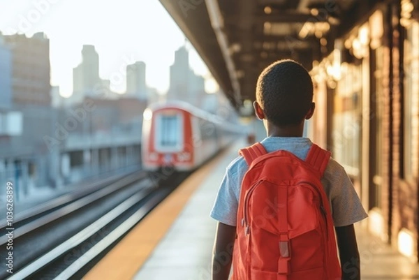 Obraz Young boy with a backpack waiting for the train on a platform
