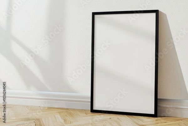 Fototapeta Blank black frame leaning against a wall in a bright room with sunlight streaming through the window
