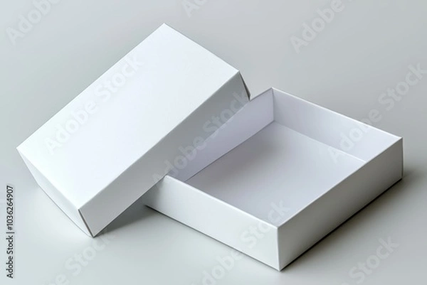 Obraz A simple white box with a lid partially open, displaying an empty interior against a neutral background