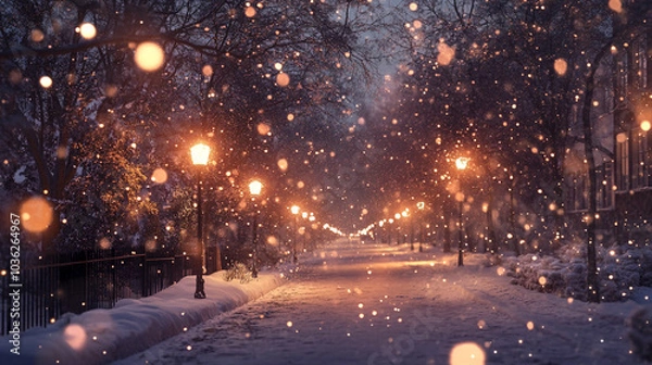Fototapeta Snowy Night Path with Street Lights and Falling Snow