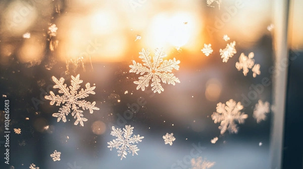 Fototapeta Winter Wonderland  Snowflakes on Windowpane with Golden Sunset