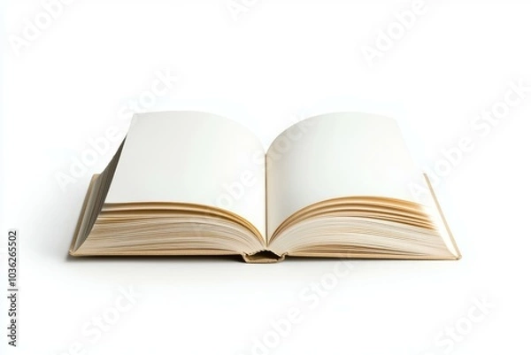 Fototapeta An open blank book resting on a white surface, inviting creativity, reflection, and writing opportunities