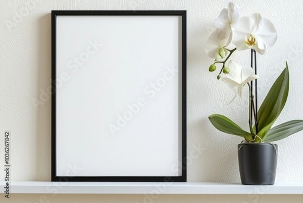 Obraz A black frame with a white background sits on a shelf next to a potted plant