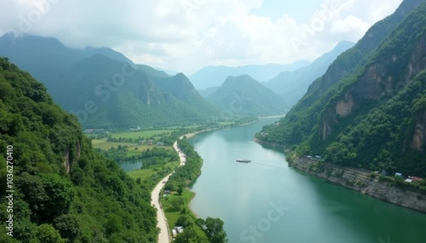 Fototapeta  Tranquil river journey through lush mountains