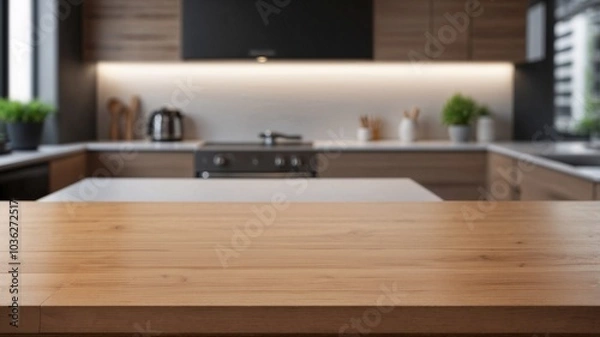 Fototapeta empty wooden dining table for food presentation in a clean kitchen minimalist interior design