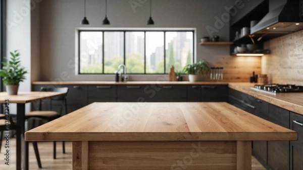 Fototapeta empty wooden dining table for food presentation in a kitchen minimalist interior design window front view