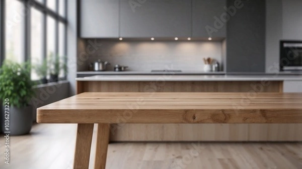 Obraz empty wooden dining table for food presentation in a kitchen with wooden floor minimalist interior design