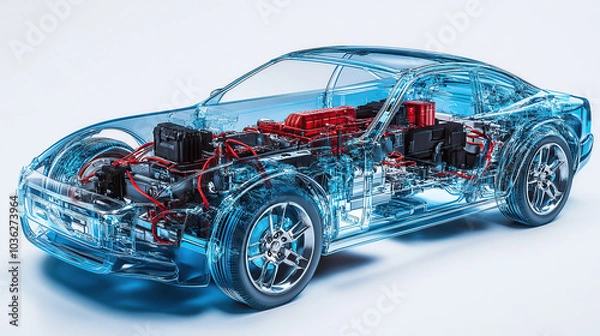 Obraz An exploded view of an electric car's engine, showing the various components such as the battery pack and motor inside its transparent shell