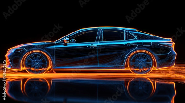 Fototapeta A digital artwork depicting a car, rendered in blue and orange neon light lines against a black background