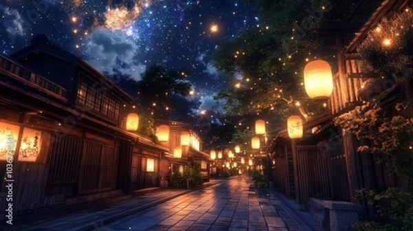 Fototapeta A mystical scene of a quiet Japanese street at night, lit by warm lanterns hanging from wooden buildings, with the soft glow complementing a star-filled sky, evoking calm and wonder.