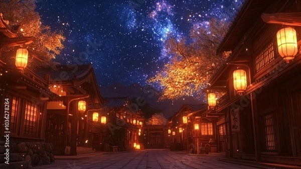 Fototapeta A mystical scene of a quiet Japanese street at night, lit by warm lanterns hanging from wooden buildings, with the soft glow complementing a star-filled sky, evoking calm and wonder.