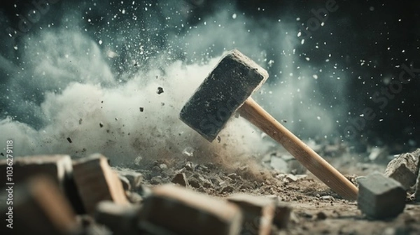 Fototapeta A powerful image of a sledgehammer smashing through a brick wall, with dust and debris flying, representing the concept of demolition and breakthrough.