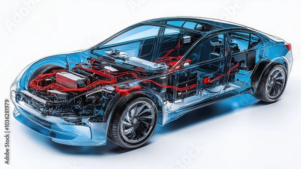 Fototapeta An exploded view of an electric car's engine, showing the various components such as the battery pack and motor inside its transparent shell