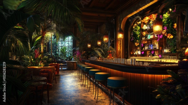 Fototapeta  a Luxurious Bar Setting Adorned with Tropical Plants, Stunning Cocktails, and an Ambiance of Mystery and Elegance for an Unforgettable Night Out.