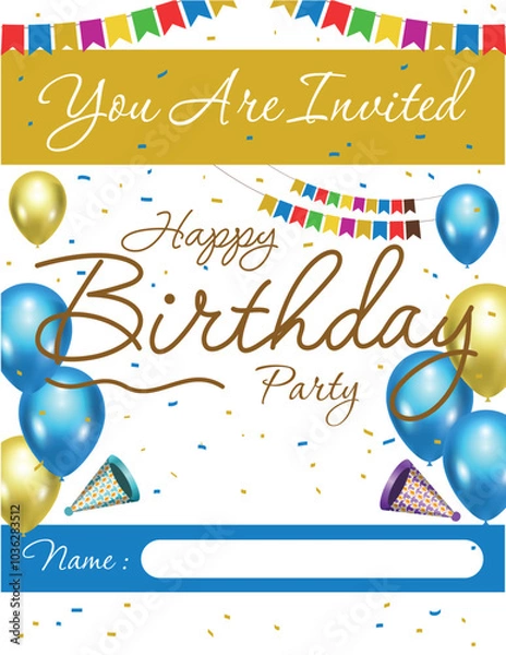 Fototapeta set of Happy birthday greeting card. colorful happy birthday border frame with confetti
