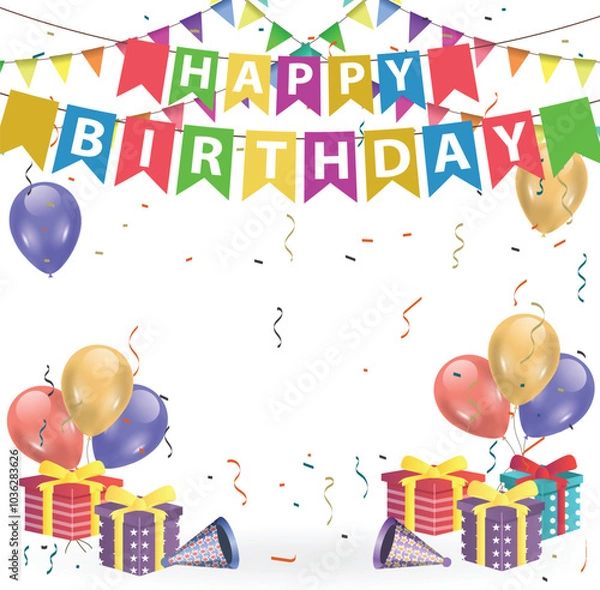 Fototapeta Happy birthday vector transparent background. colorful happy birthday border frame with confetti