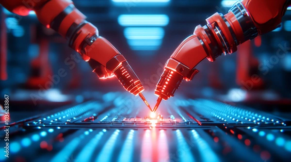Fototapeta Advanced robotic arms working in a futuristic manufacturing environment, showcasing precision and innovation in technology.
