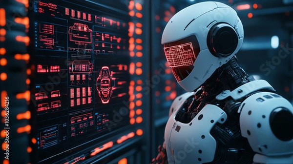 Fototapeta A futuristic robot with a sleek design, monitoring holographic screens filled with data and metrics in a high-tech environment.