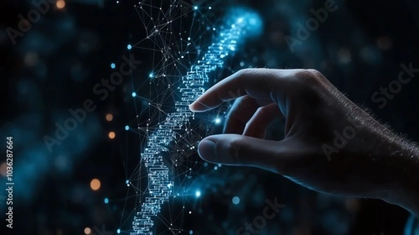 Fototapeta Hand touching digital data, glowing particles, innovative technology concept.