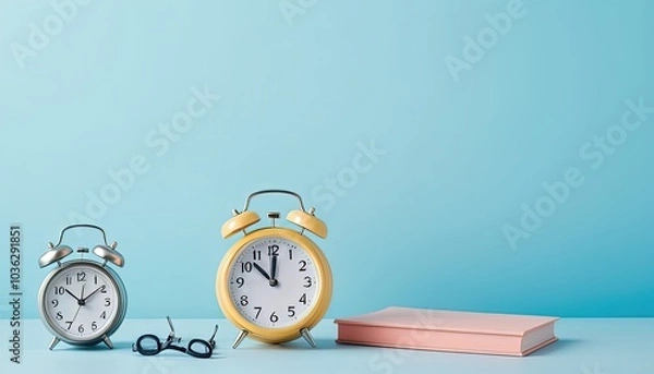 Fototapeta Clocks and a book on a pastel background for time management.