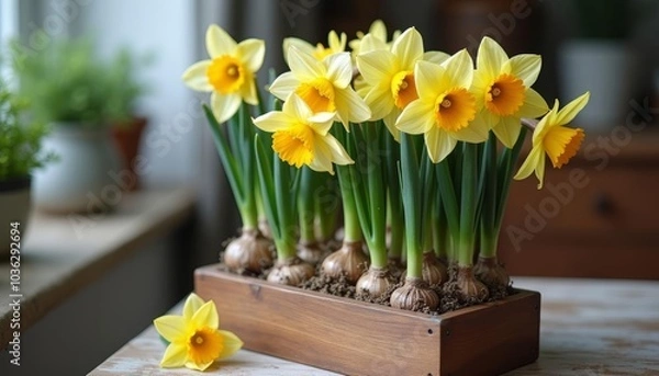 Fototapeta  Blooming bulbs in a rustic box a charming indoor garden