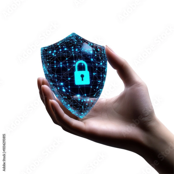 Fototapeta Digital security concept hand holding illuminated shield lock connected network node pattern protection theme Isolated on white background or PNG