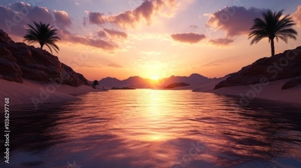 Fototapeta A serene sunset reflects over tranquil waters, framed by palm trees and mountains, embodying a tropical paradise.