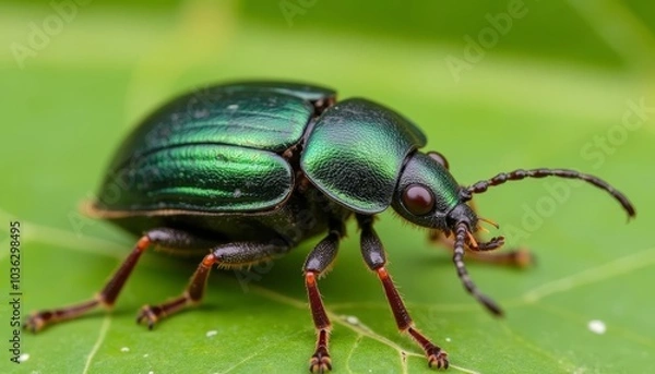 Fototapeta  Vibrant green bug on leafy green background
